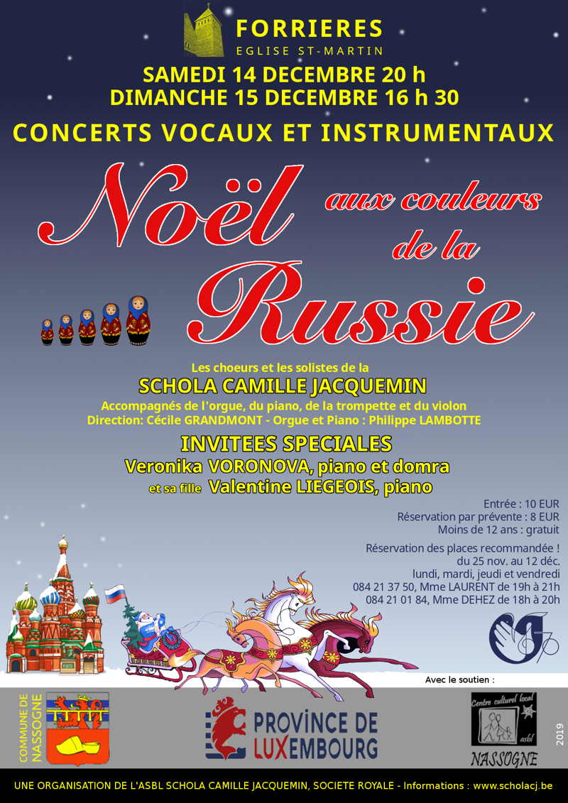 Affiche. Forrières. Noël aux couleurs de la Russie. Les chœurs et les solistes de la Schola Camille Jacquemin. 2019-12-14